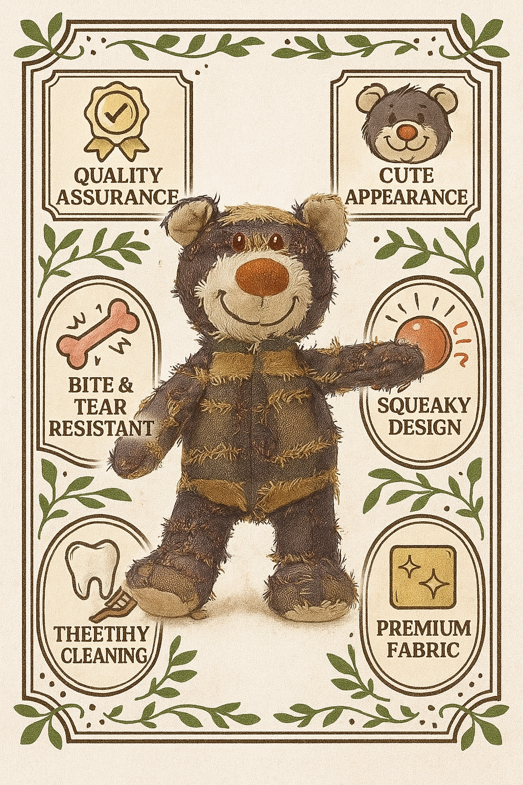 Durable Squeaky Bear Dog Toy - Cute Plush Chew Toy for Puppies & Small Dogs - Teeth Cleaning Bite Resistant Soft Fabric Safe for Aggressive Chewers Interactive Fun Gift for Pets