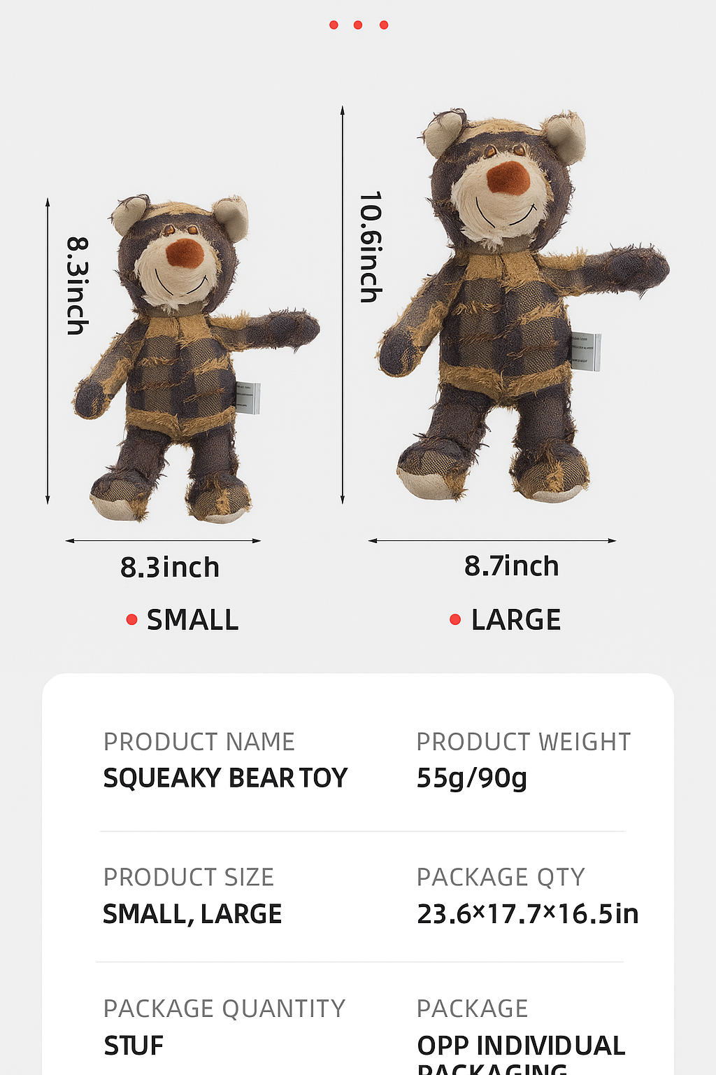 Durable Squeaky Bear Dog Toy - Cute Plush Chew Toy for Puppies & Small Dogs - Teeth Cleaning Bite Resistant Soft Fabric Safe for Aggressive Chewers Interactive Fun Gift for Pets